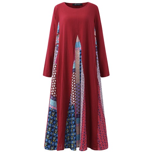 O NEWE Vintage Women Printed Stitching Long Sleeve Dress O NEWE Vintage Women Printed Stitching Long Sleeve Dress
