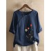 Flower Embroidery O neck Long Sleeve Button Vintage T shirts Flower Embroidery O neck Long Sleeve Button Vintage T shirts