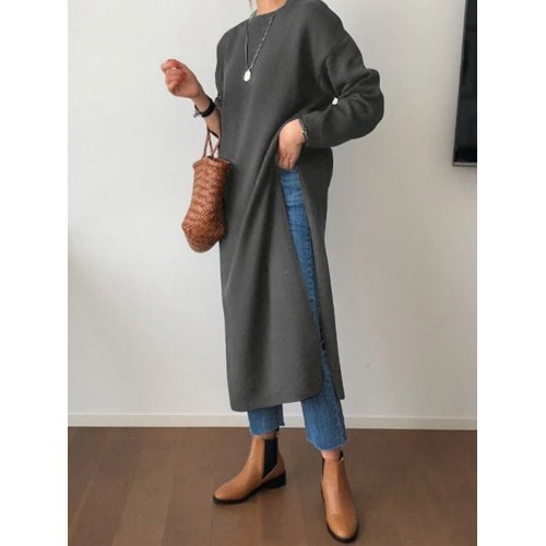Women Side Fork Sweatshirt O Neck Calf Length Solid Midi Dresses Women Side Fork Sweatshirt O Neck Calf Length Solid Midi Dresses