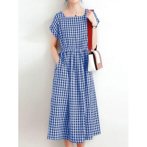 Women Squre Neck Plaid Calf Length Side Pockets Casual Midi Dresses Women Squre Neck Plaid Calf Length Side Pockets Casual Midi Dresses