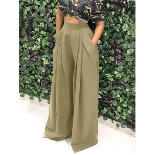 Women Pure Color High Elastic Waist Simple Wide Leg Pants With Pocket Women Pure Color High Elastic Waist Simple Wide Leg Pants With Pocket