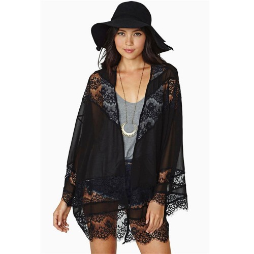 Women Hollow Lace Splicing Chiffon Kimono Cardigan Shawl Women Hollow Lace Splicing Chiffon Kimono Cardigan Shawl