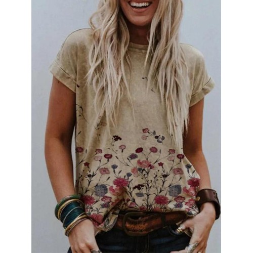 Casual Crew Neck Floral Print Short Sleeve T shirts Casual Crew Neck Floral Print Short Sleeve T shirts