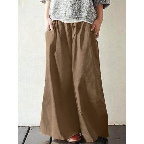 Women Cotton Pocket Elastic Waist Wide Leg Loose Casual Pants Women Cotton Pocket Elastic Waist Wide Leg Loose Casual Pants