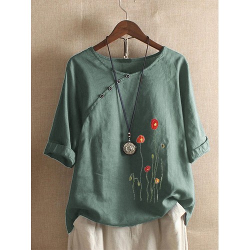 Flower Embroidery O neck Long Sleeve Button Vintage T shirts Flower Embroidery O neck Long Sleeve Button Vintage T shirts
