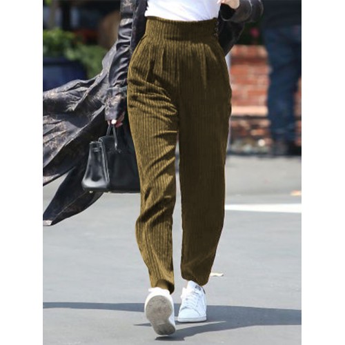 Women Pure Color Elastic Waist Corduroy Side Button Retro Harem Pants Women Pure Color Elastic Waist Corduroy Side Button Retro Harem Pants