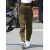 Women Pure Color Elastic Waist Corduroy Side Button Retro Harem Pants Women Pure Color Elastic Waist Corduroy Side Button Retro Harem Pants